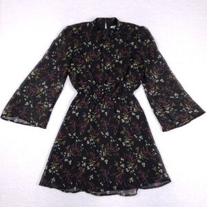 BB Dakota Dress Floral Bell Sleeve Elastic Waist Size M Black Boho Chic Retro